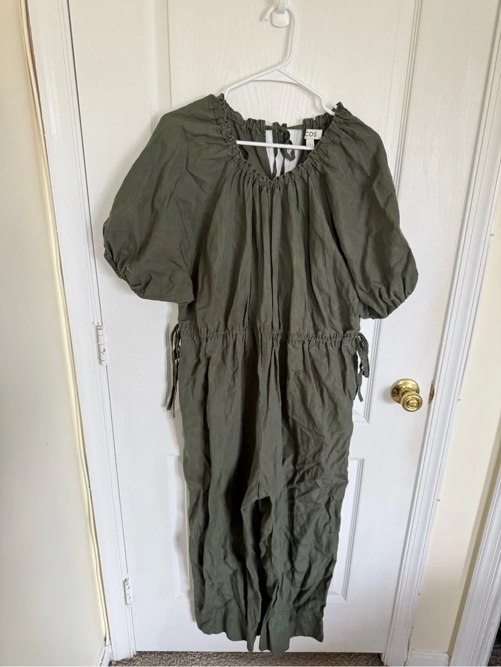 COS Puff Sleeve Olive Green Wide-Leg Jumpsuit